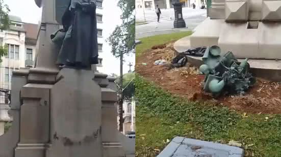 Dois homens foram presos em flagrante ao tentarem roubar adornos de bronze do monumento em Santos, no litoral de São Paulo - Imagem: G1/ Renato Ramos